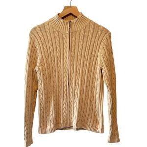 LL Bean Womens Double L Cotton‎ Cable Knit Full Zip Mock Neck Sweater Large